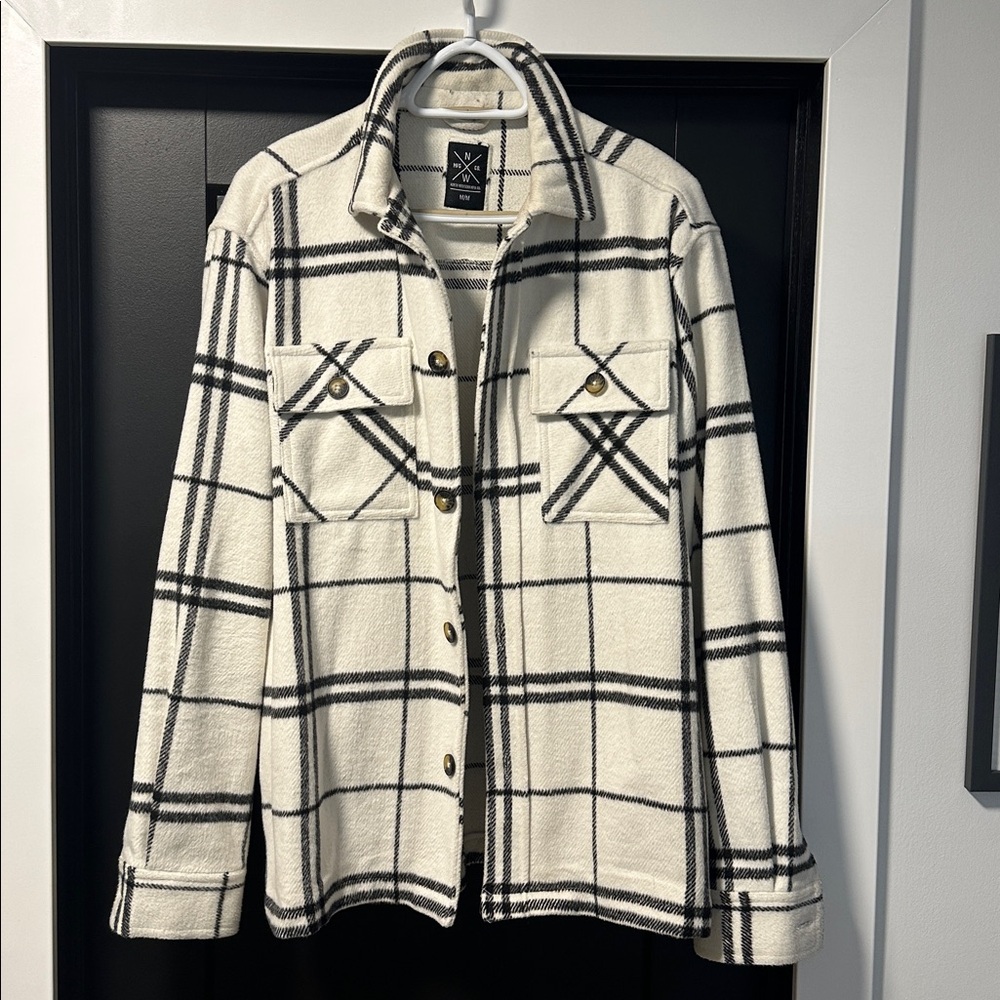 White and Black Plaid Button-Up Jacket